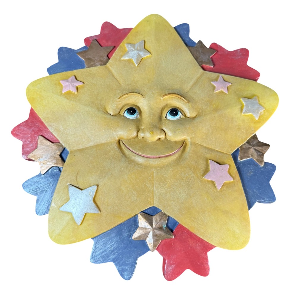 Jamy Celestial Smiling Star Wall Plaque Decor Whimsical Art Vintage Moon
